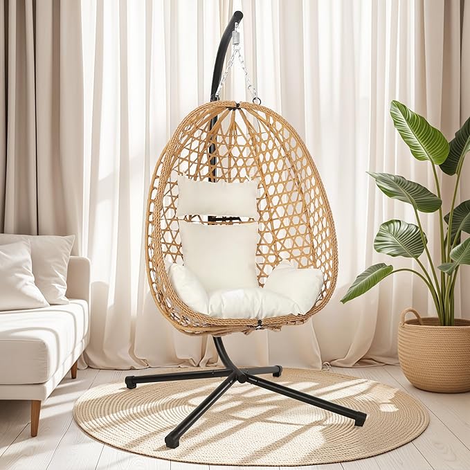 Egg Chair with Stand, Patio Wicker Hanging Chair, Hammock Swing Chair, 350LBS Capacity for Bedroom, Balcony, Garden (YE-BE)