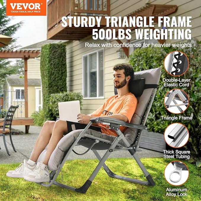 VEVOR Zero Gravity Chair, 33 inch Zero Gravity Recliner Lounge Chair for Indoor and Outdoor, Adjustable Anti Gravity Chair with Cushion, Headrest, Footrest, and Cupholder, 500 lbs, Gray