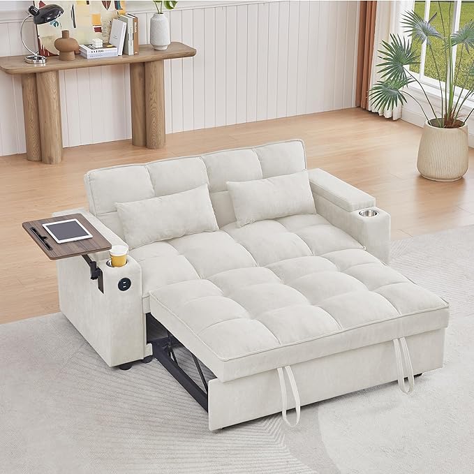 65'' Convertible Sleeper Sofa Bed with Pull-Out Design, 3-in-1 Modern Chenille Fabric Couch with 360° Swivel Side Table, Queen Size, Easy Assembly, for Living Room, White