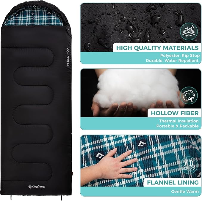 KingCamp Sleeping Bag for Adults, Cold Weather & Warm XL Big and Tall Flannel Sleeping Bags with Compression Sack Portable Waterproof Essentials Gear Accessories for Outdoor Camping