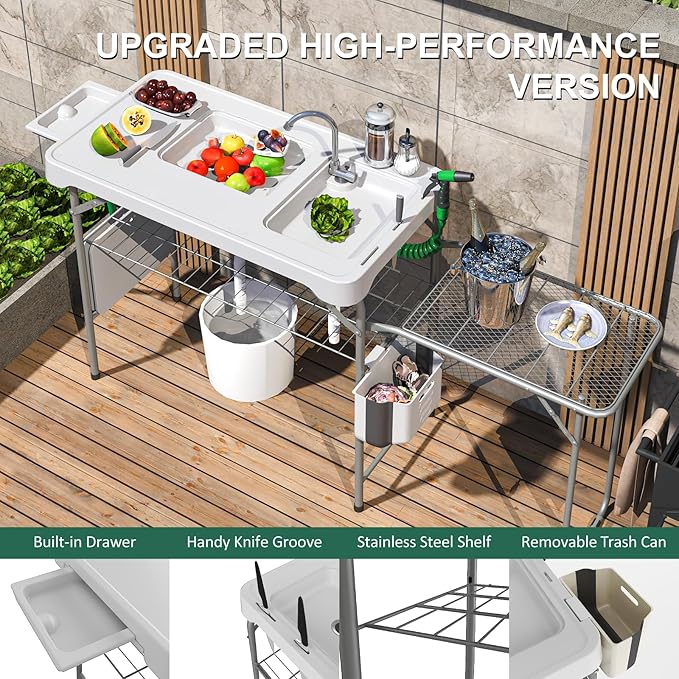 42.5" Fish Cleaning Table with Dual Sink, Portable Folding Camping Table with Foldable Extension Stand, Faucet, Sprayer, Grid Rack, Hose Hook Up & Knife Groove, Outdoor Sink Station for Picnic