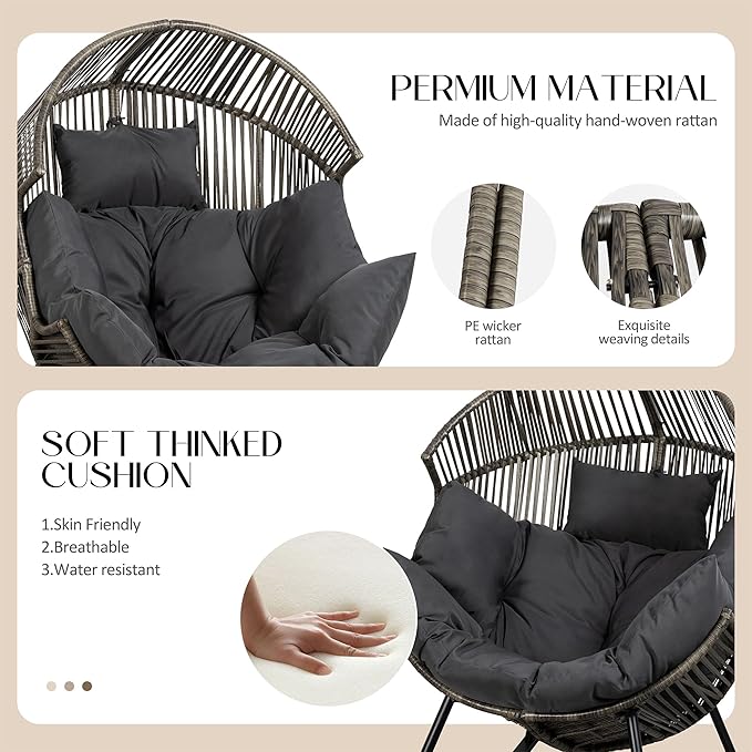 JAMFLY Egg Chair Outdoor Rocking Chairs, Wicker Patio Chair Oversized Lounger Chair with Cushion for Indoor Living Room Bedroom Outside Patio Backyard Balcony, Dark Gray