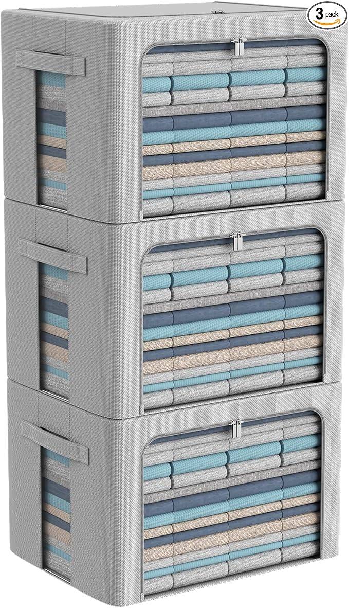 3Pack Frame Storage Box - Clothes Storage Bin Bags Oxford Fabric Foldable Stackable Container Organizer Set with Clear Window & Carry Handles Large Capacity (Grey, Large-66L)
