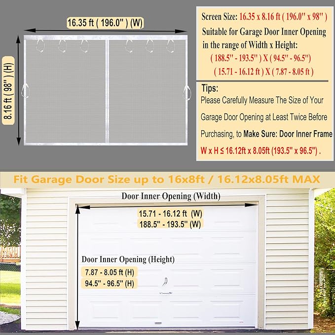 Magnetic Garage Door Screen Kit 16x8 FT White - Retractable Mesh Net Screen Door with Fiberglass Mesh for 2 Car Garage 16x8ft, Blocks Bugs & Provides Privacy - Perfect for Workshop Gym Patio