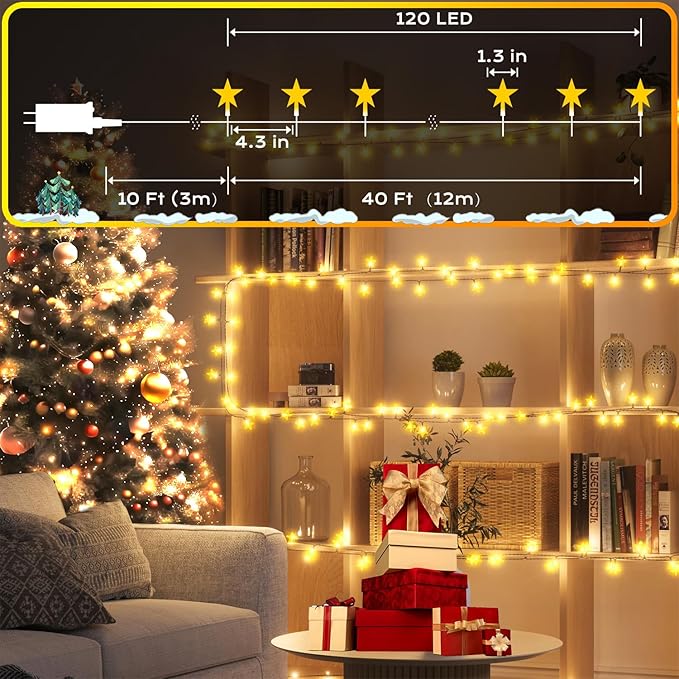 Star String Lights 120 LED 40FT, 8 Modes Plug in Star Fairy Lights with Timer & Memory, Indoor Outdoor Star Christmas Lights for Birthday Party Bedroom Wedding Home Classroom Decor Macaron Colors