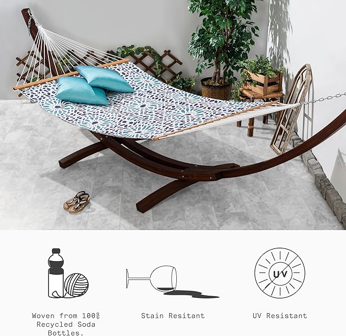 Fab Habitat Farmhouse Recycled Polyester Hammock - Mosaic Tile - Blue - Indoor/Outdoor, Quick Dry, 2 Person 460 lbs Capacity - Patio, Poolside, Backyard, Garden, Beach, Balcony - 12-14 ft Adjustable