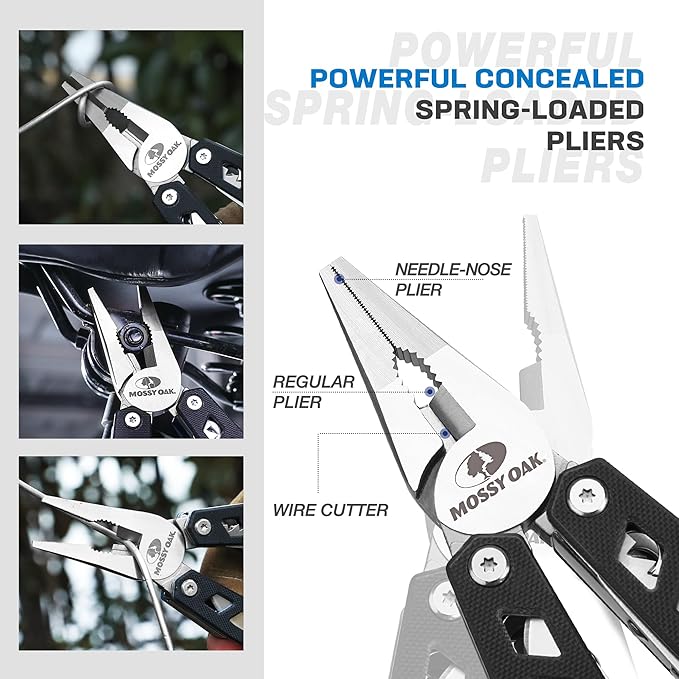 MOSSY OAK Multitool, 21-in-1 Stainless Steel Pocket Knife with G10 Handle, Screwdriver Sleeve, Self-locking Pliers with Sheath-Perfect for Outdoor, Survival, Camping, Hiking, Simple Repair