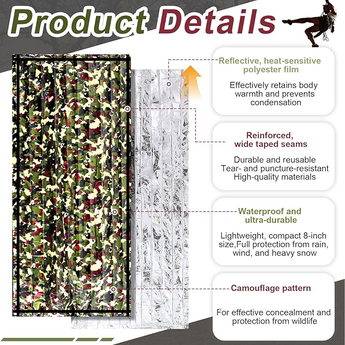 Preboun 10 Pcs Emergency Sleeping Bag Portable Lightweight Survival Bag Thermal Bivy Sack Waterproof Emergency Blanket Survival Gear for Outdoor Camping Hiking Homeless People Shelter (Camouflage)