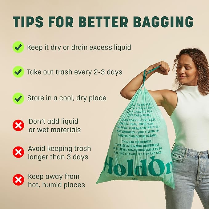 HoldOn Large Trash Bags 13 Gallon – Plant-Based Garbage Bags with Drawstring Handles for Tall Trash Bins – Trash Bags for Kitchen Bin (40 bags, Pack of 2), Green