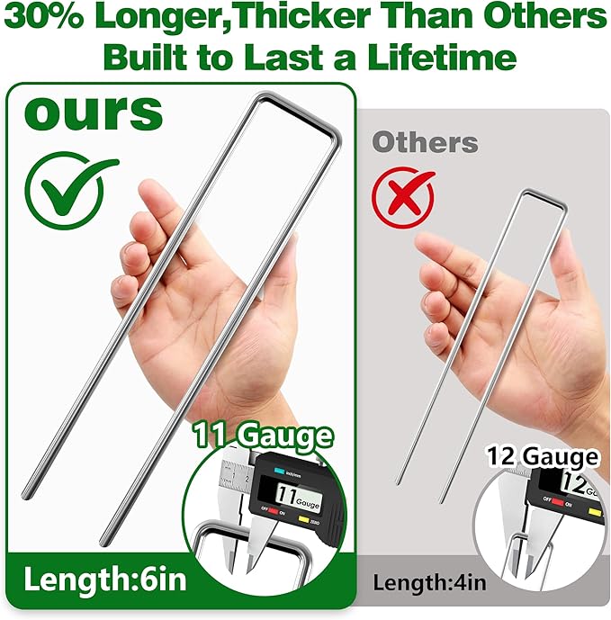 AMAGABELI GARDEN & HOME 6 Inch 100 Pack Galvanized Landscape Staples 11 Gauge Anti-Rust Heavy Duty Garden Staples Plant Cover Stakes U-Shaped Sod Pins Ground Fence Stakes for Weed Barrier Fabric