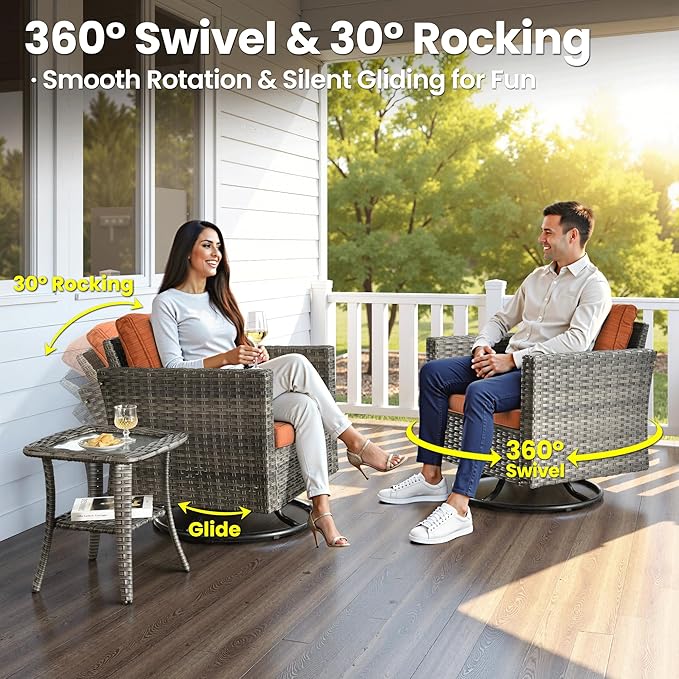 ovios 7 Pieces Patio Furniture Set with 42" Fire Pit Table, Outdoor Wicker Sofa with Swivel Chairs, All Weather High Back Rattan Couch Conversation Set, Orange Red