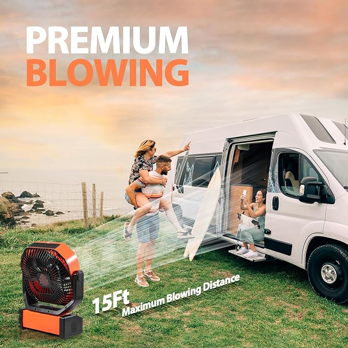 MORECORE 20000mAh Rechargeable Camping Fan with Light, 112HRS Running, 8-Speed, Auto Oscillating, Timer, LED Digital Display, 270°Pivot with Hook for Tent RV Emergency Garage-Orange