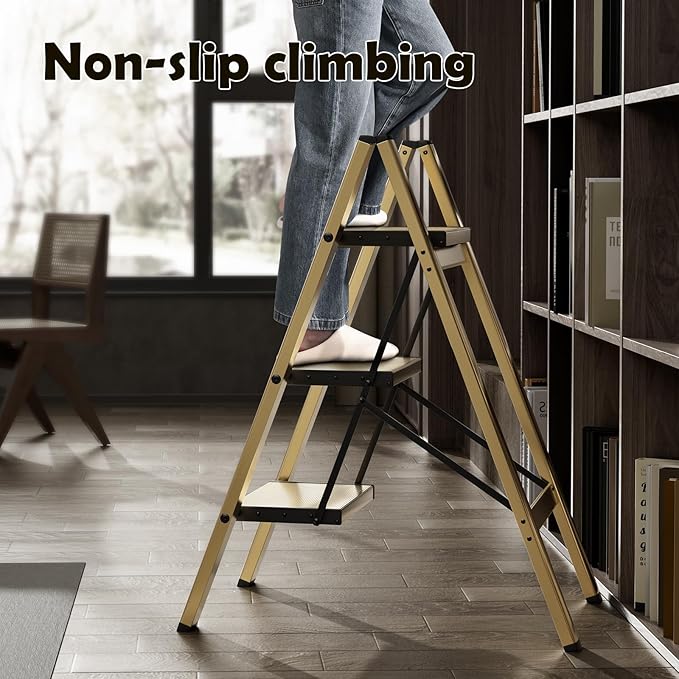 HillhutApex 3 Step Stool, Aluminum Foldable Step Ladder, Lightweight Stable Stool with Wide Non-Slip Pedals, 330lbs Bearing Capacity Ladder for Office,Home,Kitchen - Gold