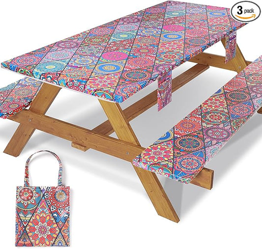 Fitted 8Foot Boho Picnic Table Cover with Chair Covers Camping Table Cloths Hiking Glamping Supplies Travel Trailers Cooking Essential Party Festival Decor Gifts for Teens Who Want Nothing