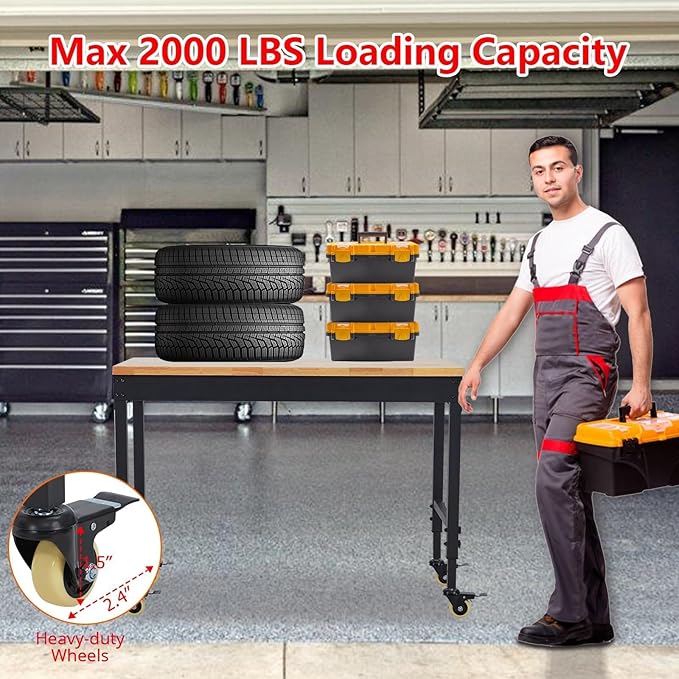 Adjustable Workbench,72" x 25" Heavy-Duty Rubber Wood Shop Table with 28.3-38.1 Inches Height Adjustment,2000 LBS Load Capacity,Garage Workbench with Power Outlets & Lockable Wheels