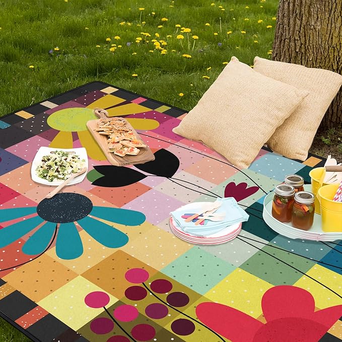Abstract Floral Picnic Blankets Waterproof Foldable, 80″X80″ Thick Three Layer Picnic Mat Outdoor Blanket for Grass, Large Beach Blanket Sandproof Picnic Accessories for Camping Park Hiking