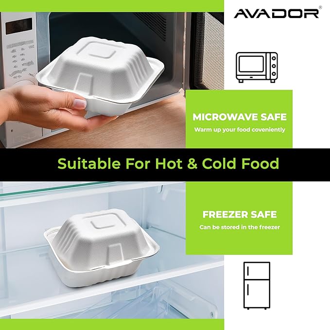 AVADOR® Compostable Tableware 100% Eco-Friendly & Biodegradable Dinnerware Eco-Conscious, Disposable, and 100% Biodegradable (9 Inch x 9 Inch Clamshell Pack of 50)