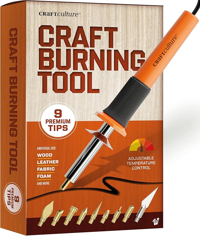 Craft Culture Wood Burning Tool Pen - Craft Burning Tools for Adults & Teens - Wood Burner Kit, Engraver, Carver, Pyrography, Woodburning - Includes 9 Premium Tips - Adjustable Temperature Control