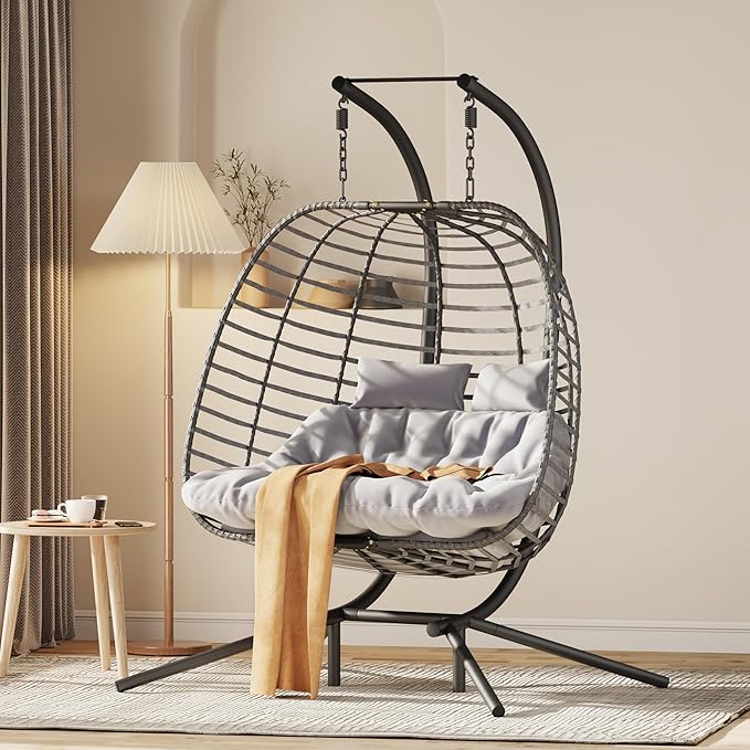 Double Hanging Egg Chair wth Stand, Patio Hammock Swing Chair with Cushion Loveseat for Bedroom, Balcony, Garden, Indoor, Outdoor