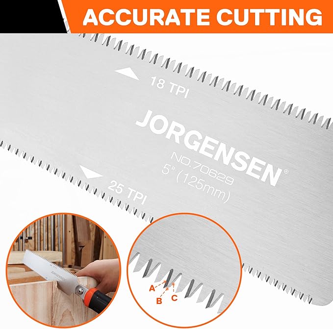 JORGENSEN Japanese Flush Cut Saw, 5 Inch Pro Double Edge Pull Saw, SK5 Flexible Blade Wood Handsaw, 18/25 TPI Blade with Soft Grip Handle for Hardwood & Softwood Woodworking, Wood Trim
