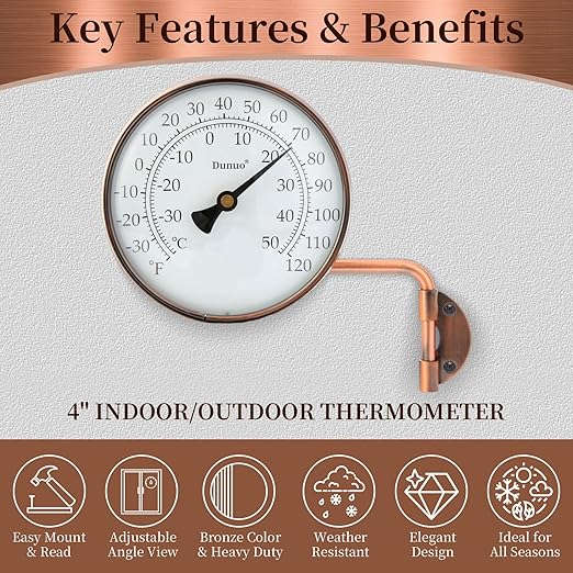 4 Inch Outdoor Thermometer, Outside Temperature Gauge Decorative for Patio, Window, Greenhouse, Garage, Brass Swivel Thermometer (4inch Thermometer)