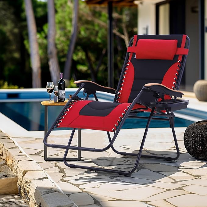 MFSTUDIO Zero Gravity Chairs, Oversized Patio Recliner Chair, Padded Folding Lawn Chair with Cup Holder Tray, Support 400lbs, Red