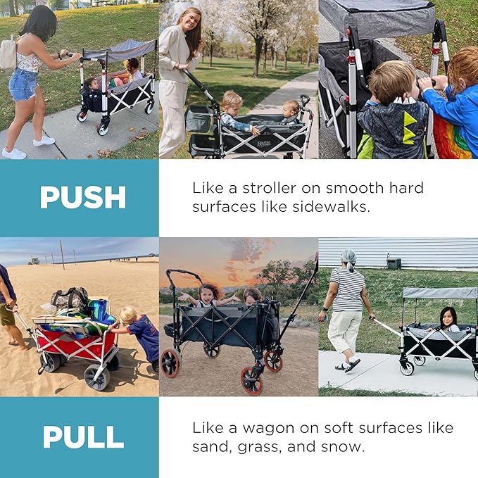 Creative Outdoor Wagon for Kids Push Pull Collapsible Stroller with Canopy Folding Cart | Titanium Series Plus | Beach, Park, Garden (Solid Teal)