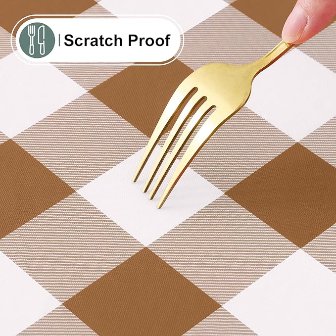 misaya Buffalo Rectangle Picnic Tablecloth, 8 Foot Elastic Fitted Vinyl Table Cloth with Flannel Backing, Waterproof Plaid Table Covers for Dining, Camping, Outdoor (Brown and White, 30" x 96")