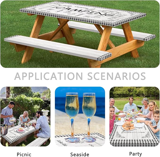 famibay 3 Piece Picnic Table Cover with Bench Covers Checkered Camping Tablecloth Fitted Picnic Table Covers with Elastic Windproof Waterproof Fabric Reusable Camping Table Covers(12" x72"+30" x72")