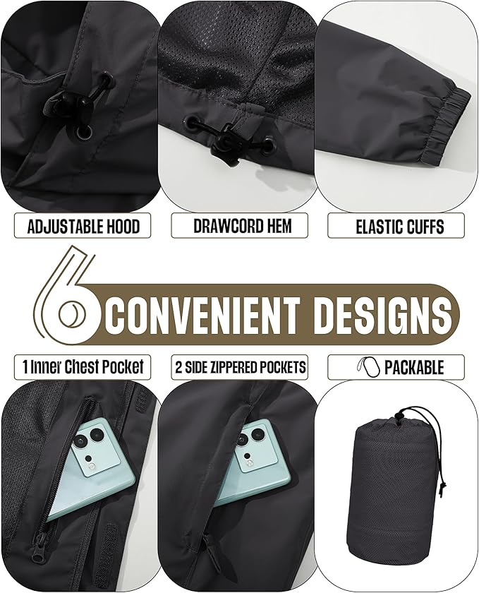 33,000ft Men's Packable Rain Jacket Waterproof Lightweight Raincoat Rain Shell with Hood for Outdoor Hiking Golf Travel