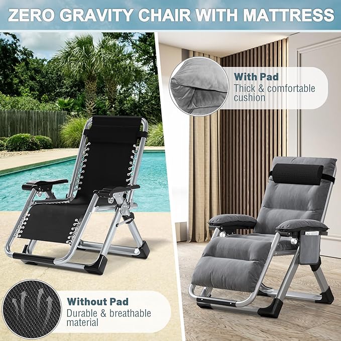 ABORON 2PK Zero Gravity Chair/Armrest Mat,Premium Outdoor Lawn Folding Lounge Chairs,Sturdy Adjustable Reclining Patio Chairs with Removable Seating Cushion,Headrest & Tray