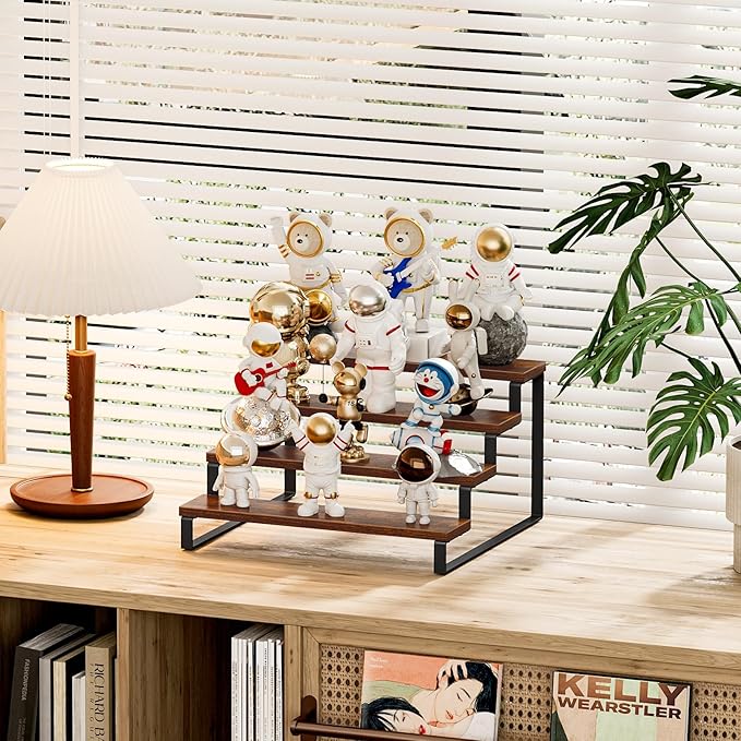 Giikin 4 Tier Spice Rack, Wooden Spice Rack for Countertop, Kitchen Counter Storage Shelves Cupcake Stand Holder Display Stand, Rustic Brown