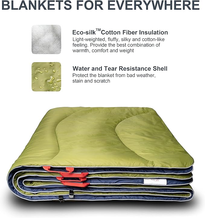 Camping Blanket | X-Large, Wind and Waterproof Warm Puffy Blanket Quilt | Lightweight Portable | Outdoor Concerts, Picnics, Backpacking, Travel, Hiking, Beach, Stadium (Garnish Green)