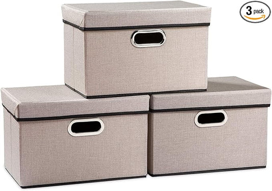 PRANDOM Foldable Storage Bin with Lid [3-Pack] Linen Fabric Decorative Storage Box Organizer Container Basket Cube with Handles Divider for Closet Office Living Room Light Grey(14.9x9.8x9.8)