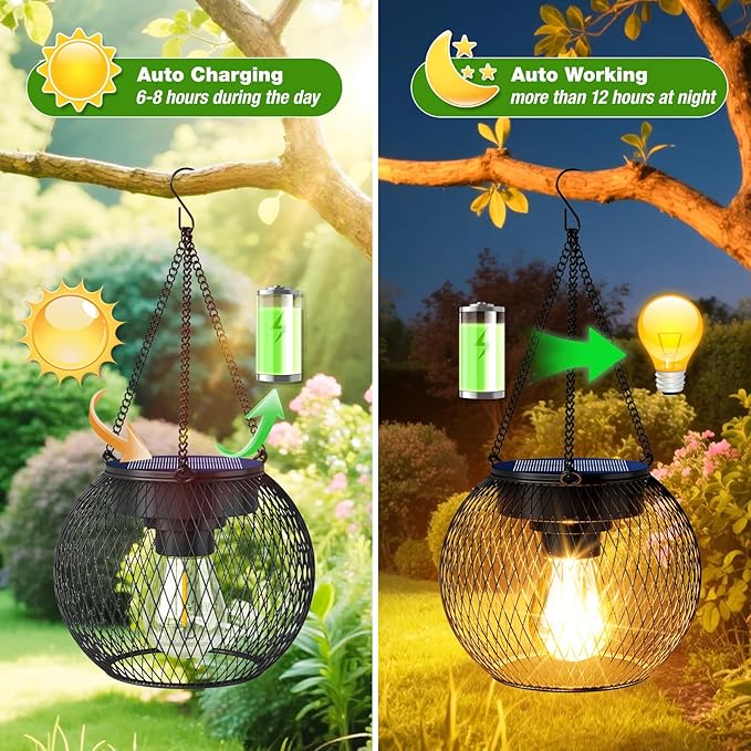 Solar Lanterns Outdoor Waterproof 4 Pack, Upgraded Metal Solar Hanging Lights with Hooks & Auto On/Off, Brighter Warm Outdoor Hanging Lantern Lighting for Porch Garden Yard Pathway Decor