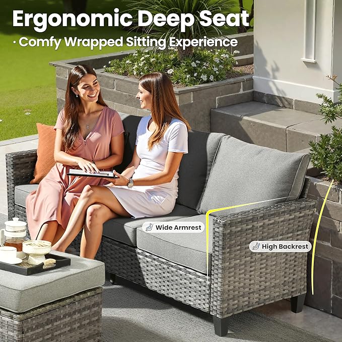 ovios 7 Pieces Patio Furniture Set with 42" Fire Pit Table, Outdoor Wicker Sofa with Swivel Chairs, All Weather High Back Rattan Couch Conversation Set, Dark Grey