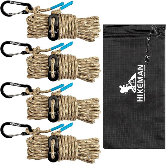 HIKEMAN Reflective Tent Rope Guyline - 4M Camping Guide Ropes,4mm Tent Guy Ropes Cord with Aluminum Tensioners Adjuster for Outdoor Camping Hiking Caravan Awning Tents (Coffee, 4mm)