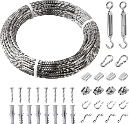 Helffer 98FT Clothesline, 304 Stainless Steel String Lights Hanging Kit, Portable Retractable Heavy Duty Cable Wire Rope, Turnbuckle Tensioner Strainer for Garage, Outdoor, Indoor, Shade Sail