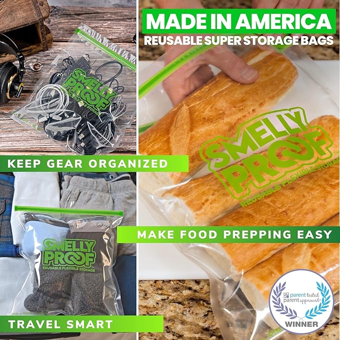 Smelly Proof 50pk Reusable Food Storage Bags - Made in USA, Dishwasher-Safe, BPA FREE, NO PEVA, XL Clear FLAT 10.5" x 12"