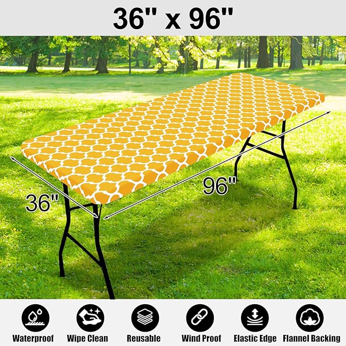 Smiry Rectangle Picnic Table Cover, Waterproof Elastic Fitted Camping Tablecloths for 8 Foot Tables, Wipeable Flannel Backed Vinyl Tablecloth Protector for Indoor, Outdoor (Yellow, 36x96 Inches)