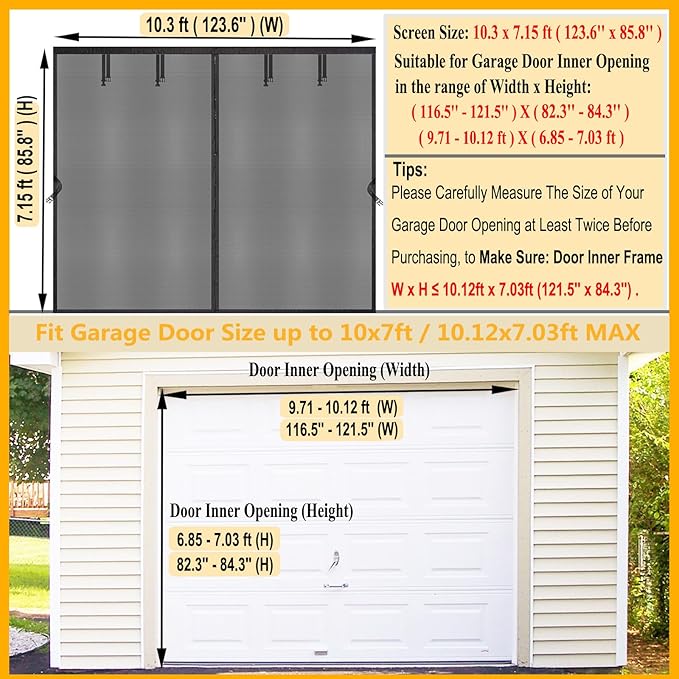 Garage Door Screen 1 Car 10x7ft Garage Screen Door Mesh, Upgraded Fiberglass Stronger Than PET and Polyester, Patio/Porch/Balcony Door Screen 10x7 ft, Heavy Duty Weighted Bottom & Magnetic Closure