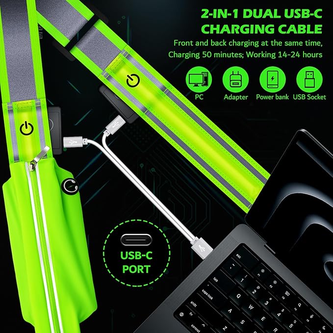Reflective Sash Gear for Walking at Night,LED Reflective Belt Safety Lights,Lights for Night Dog Walking,High Visibility Type-C Rechargeable with Phone Holder for Men Women