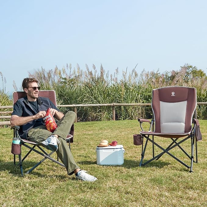 EVER ADVANCED Oversized Folding Camping Chair for Adults, Heavy Duty Lawn Chair with Side Pockets, Portable Collapsible Quad Chair for Outside, Support Up to 500lbs