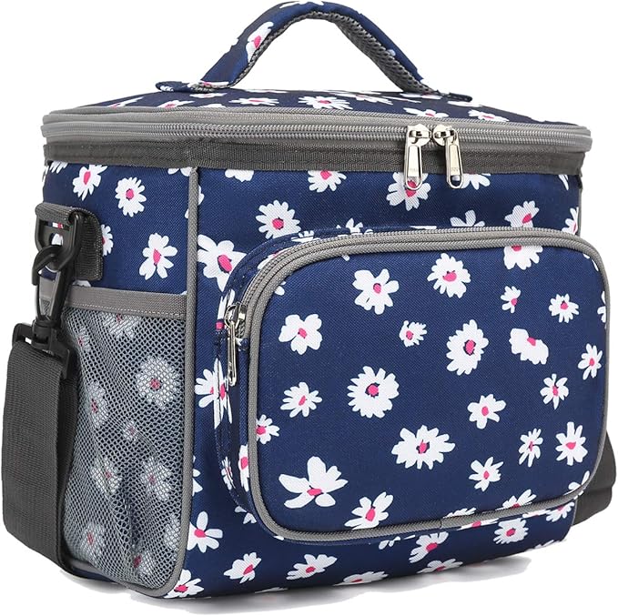 FlowFly Insulated Reusable Lunch Bag Adult Large Lunch Box for Women and Men with Adjustable Shoulder Strap,Front Zipper Pocket and Dual Large Mesh Side Pockets,Daisy