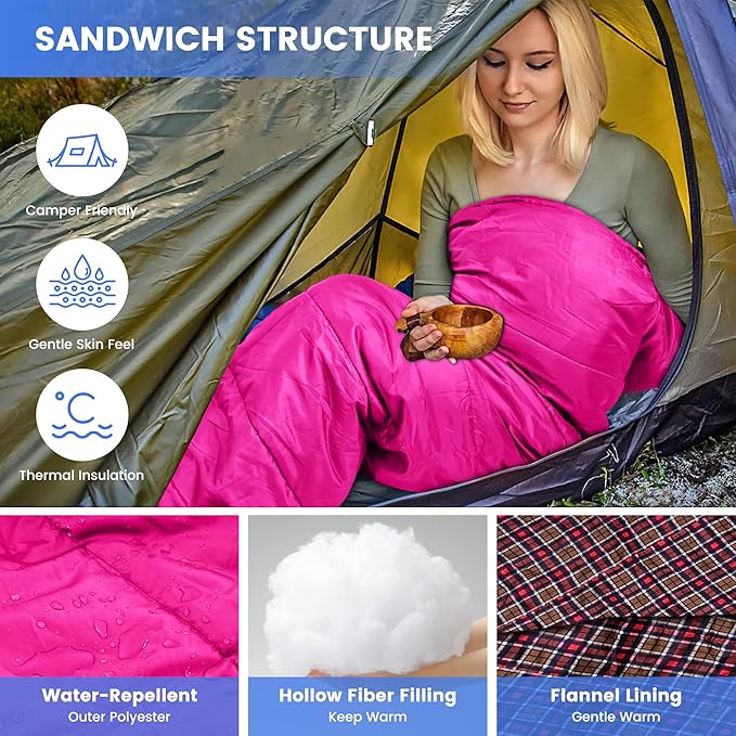 0 Degree Sleeping Bag for Cold Weather,100% Cotton Flannel XXL for Adults Big and Tall Cold Weather Winter Zero Degree Camping,Free Compression Sack