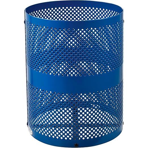 Global Industrial 32 Gallon Outdoor Perforated Steel Round Trash Can with Rain Bonnet Lid, Plastic Liner and Anchor Kit Included, 23-1/2" Diameter x 40-1/2"H, Blue