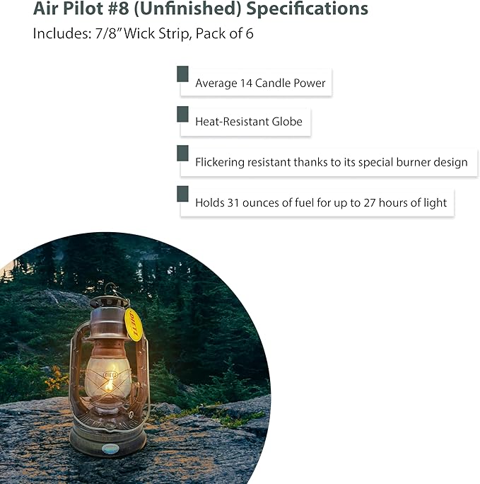 Light of Mine - Dietz #08 Air Pilot Unfinished Oil Lantern with 7/8" Replacement Wick Strips (Unfinished)