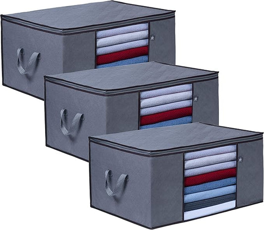 VENO 3 Pack Oversize Clothes Storage Bag Organizer with Reinforced Handle Thick Fabric for Comforters, Blankets, Bedding, Foldable with Sturdy Zipper, Clear Window, Grey, Reusable (34 Gallon)