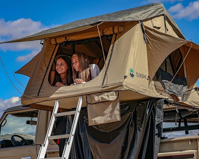 Overland Vehicle Systems TMBK 3 Person Roof Top Tent with Rain Fly Tan Body & Green Rainfly - Black Aluminum Base with Black Ladder - Universal Fitment