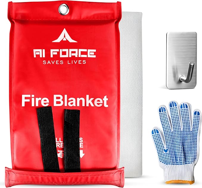 AI FORCE Fire Blanket with Gloves & Hooks – Fireproof Emergency Safety Blanket for Home, Kitchen, Fireplace, Camping, BBQ, Grease & Outdoor Fires – Survival Gear